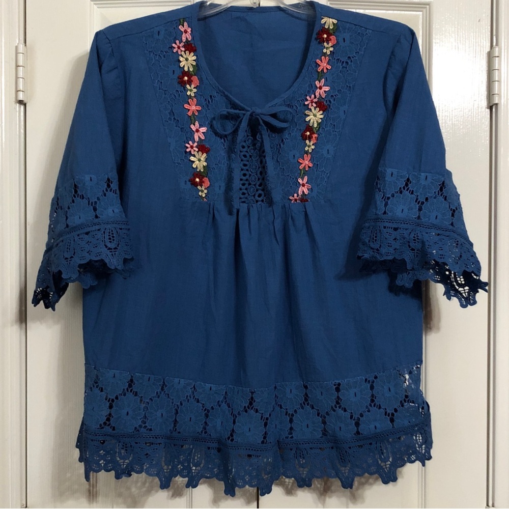 Floral Embroidered Blue Lace Blouse Short Sleeve Size 18 or 1X